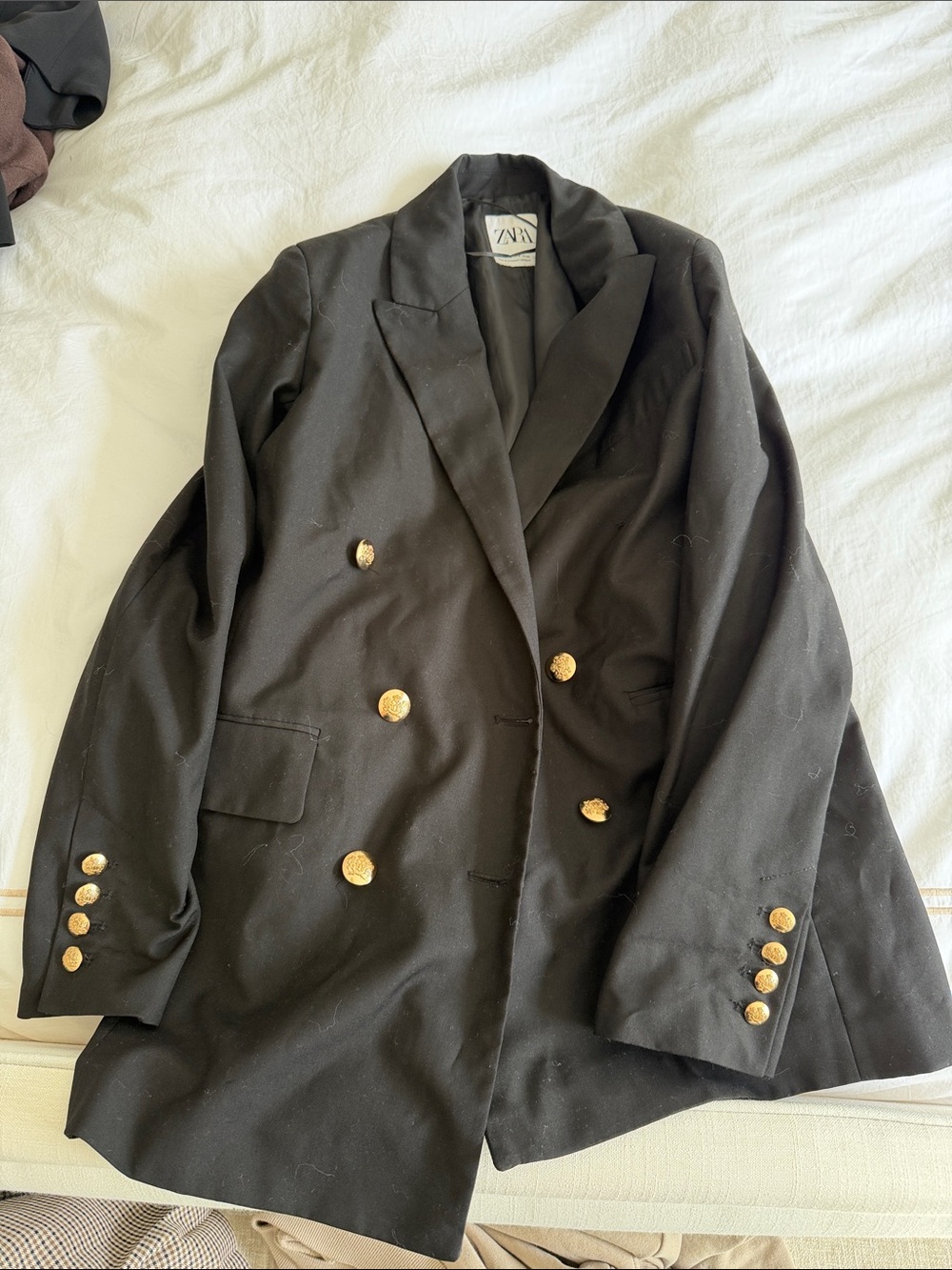 Zara Black Double-Breasted Blazer with Gold Tone Buttons